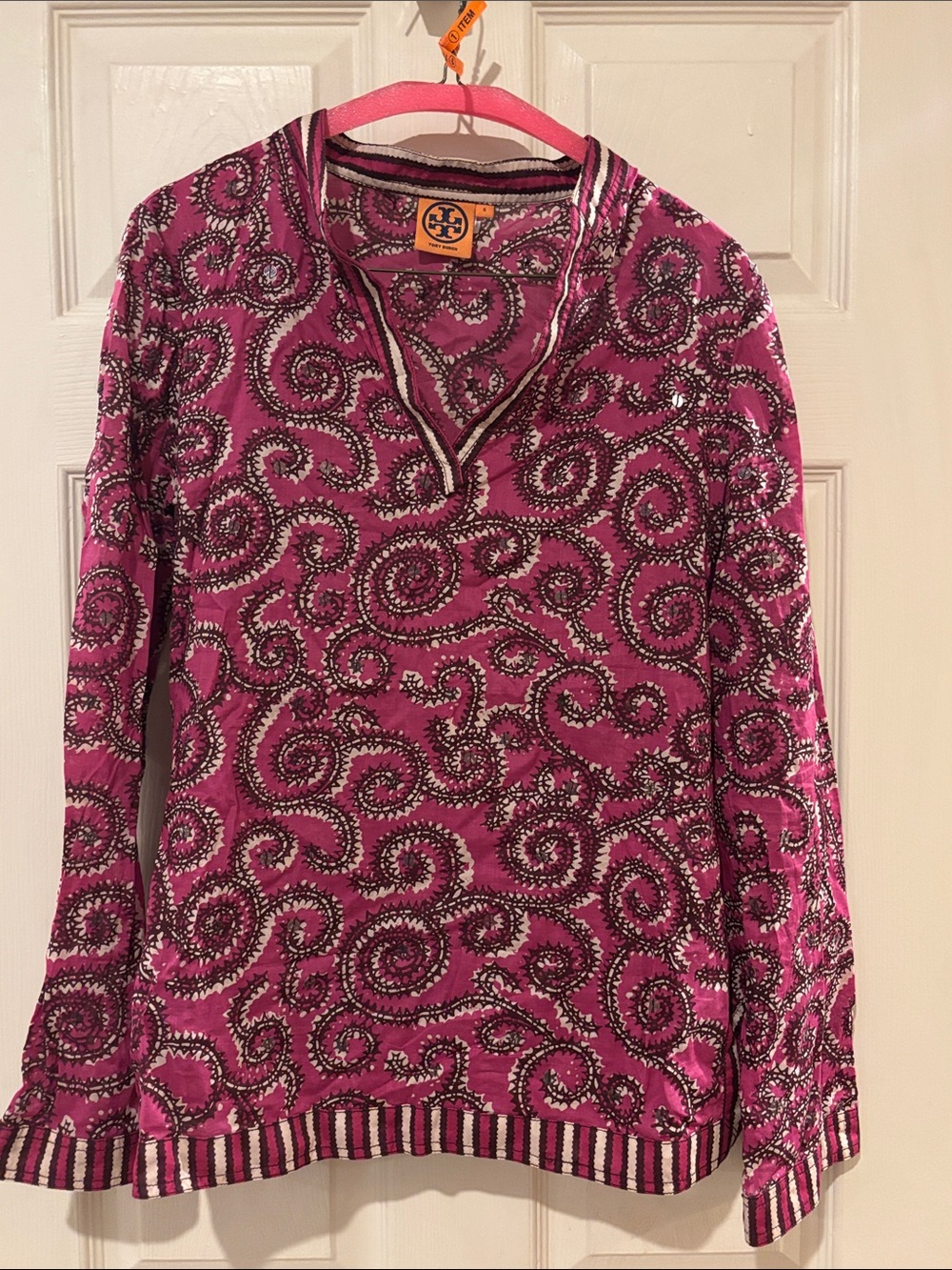 Tory Burch Magenta V-Neck Long Sleeve Top